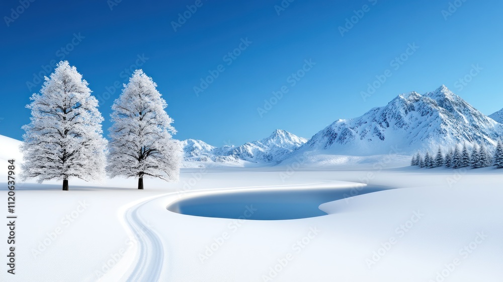Serene winter landscape with snow-covered trees and a tranquil pond. Serene winter landscape with snow-covered trees and a tranquil pond.
