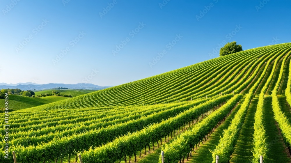 Lush vineyard landscape with rolling hills under a clear blue sky. Lush vineyard landscape with rolling hills under a clear blue sky.