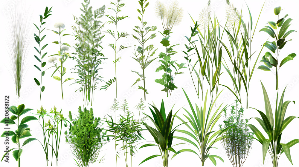 Jungle Switchgrass, Lovegrasses, Lemongrass, and Forsythia: Plant shapes cut-out, 3D render PNG set. Jungle Switchgrass, Lovegrasses, Lemongrass, and Forsythia: Plant shapes cut-out, 3D render PNG set.