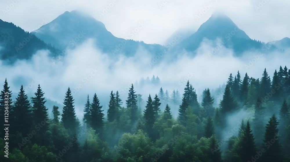 Misty mountain landscape with dense pine forest creating a mysterious and serene nature scene : Generative AI