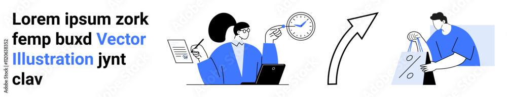 Business team analyzing time management strategies using clock and laptop, tall pointing arrow, and a worker managing gears. Ideal for productivity, teamwork, planning, goals, operations, efficiency Business team analyzing time management strategies using clock and laptop, tall pointing arrow, and a worker managing gears. Ideal for productivity, teamwork, planning, goals, operations, efficiency