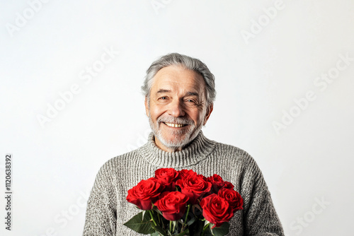 Close up portrait of smiling senior man with beautiful bouquet of red roses on light background. Template for birthday, valentine's day, grandma's day photo