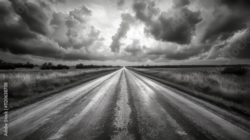 Dramatic stormy sky over a long wet road in the countryside