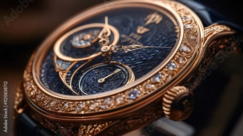 Close-up of luxury rose gold wristwatch with diamond bezel and intricate details.