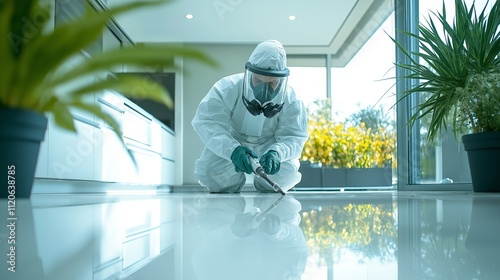 A pest control worker in protective gear kneels on a shiny floor, applying treatment in a modern indoor environment with plants