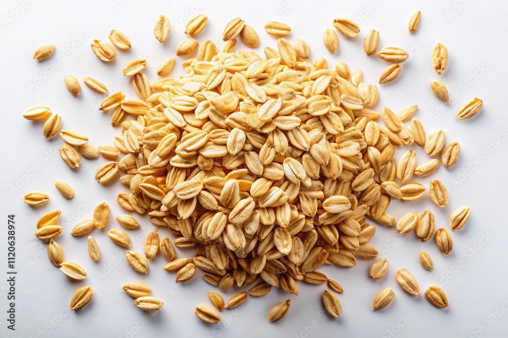 Obraz premium Aerial perspective of oat flakes against a white background, great for healthy recipes. Nutritious breakfast option, featuring whole grains, organic oats, and meal prep essentials.