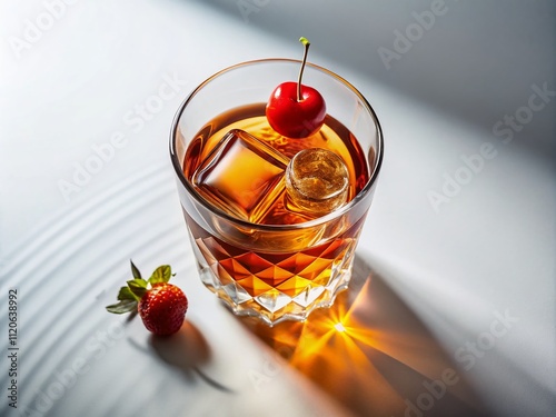 Aerial perspective of Viex Carre cocktail in a glass on a white backdrop, showcasing vibrant colors, refreshing drink appeal, and elegant glassware for enthusiasts and photographers. photo