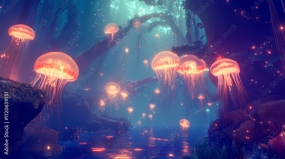 Ethereal glow of luminescent jellyfish in mystical underwater forest Ethereal glow of luminescent jellyfish in mystical underwater forest