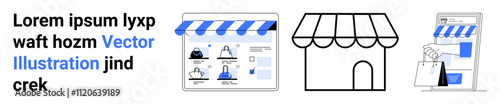 E-commerce website with product listings, physical storefront, and mobile app displaying checkout and shopping bag. Ideal for online shopping, digital marketing, business, retail, customer service