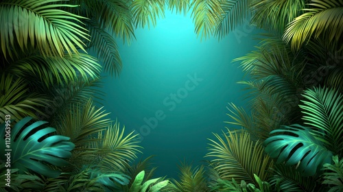 Tropical background with vivid green and blue neon light casting reflections on palm fronds and monstera leaves for an exotic and futuristic theme