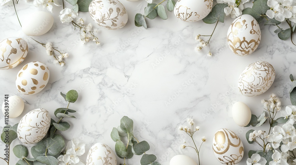 Obraz premium Celebrate Easter with a refined flat lay of gold and white eggs, soft eucalyptus, and delicate flowers on marble, leaving space for custom text