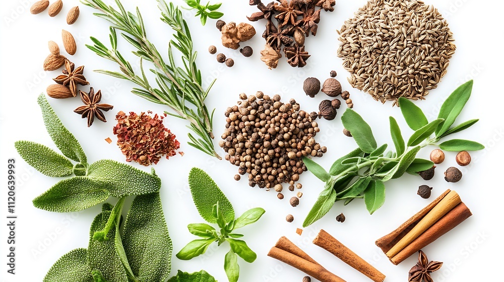 Fototapeta premium Collection of Culinary Herbs and Spices Scattered on White Background : Generative AI
