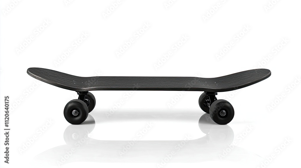 A sleek black skateboard with four wheels, designed for recreational use and tricks. A sleek black skateboard with four wheels, designed for recreational use and tricks.