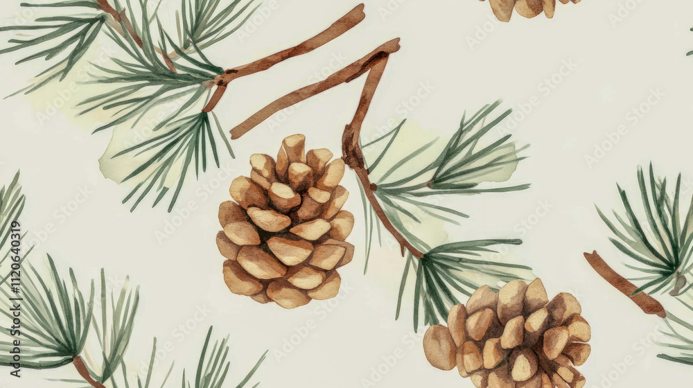 Watercolor pine cones and branches pattern with green needles on light background Watercolor pine cones and branches pattern with green needles on light background
