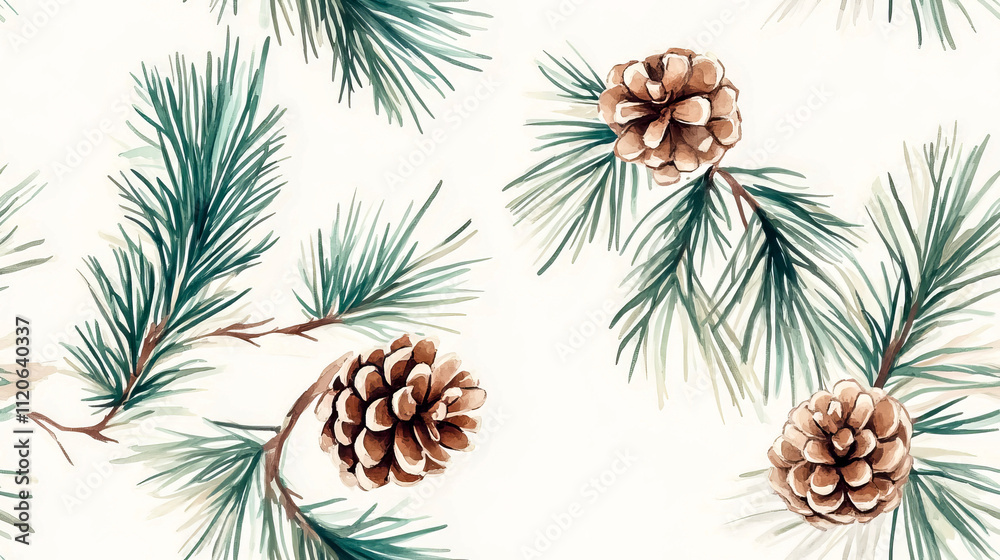 Watercolor pinecones and branches on light background Watercolor pinecones and branches on light background
