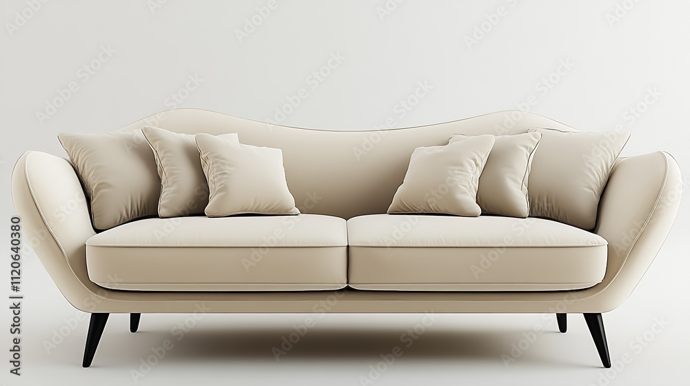 Fototapeta premium Minimalist Beige Sofa with Soft Plush Cushions on Contemporary Black Frame for Modern Living Spaces : Generative AI