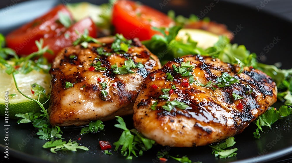 Juicy grilled chicken breast with fresh salad and herbs for a healthy meal : Generative AI Juicy grilled chicken breast with fresh salad and herbs for a healthy meal : Generative AI