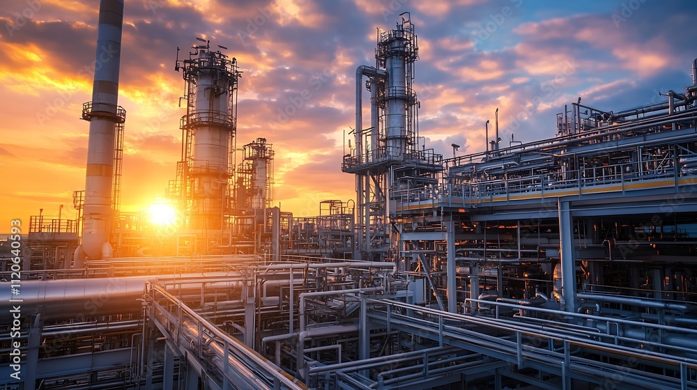 Industrial Refinery with Complex Pipework Illuminated by Vibrant Sunset Sky : Generative AI Industrial Refinery with Complex Pipework Illuminated by Vibrant Sunset Sky : Generative AI