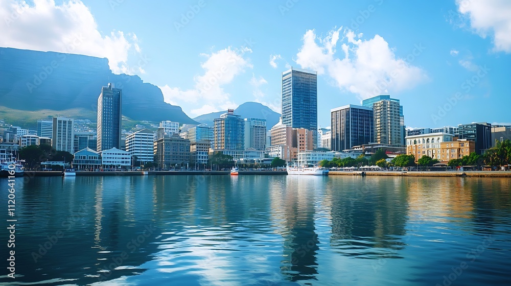 Fototapeta premium Scenic View of Cape Town Skyline with Mountain Backdrop and Reflections on Clear Blue Water : Generative AI