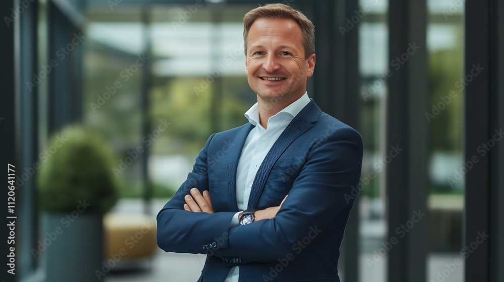 Confident Business Professional in Suit Smiling Inside Modern Office Building : Generative AI