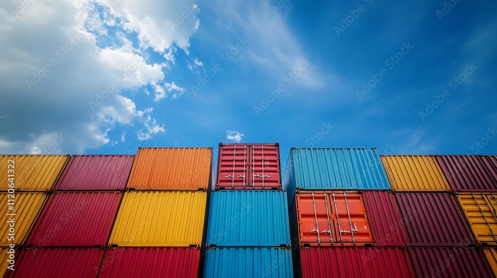 Fototapeta premium Colorful stacked shipping containers under a blue sky representing global trade and logistics : Generative AI