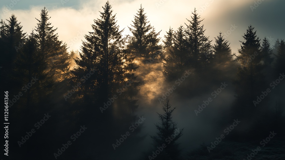 Golden Sunrise Through Pine Trees with Cloudy Mist in Enchanting Forest : Generative AI Golden Sunrise Through Pine Trees with Cloudy Mist in Enchanting Forest : Generative AI