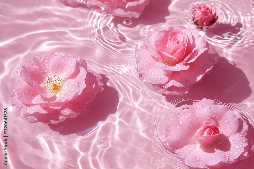 Pink Rose Petals Floating on Clear Water Surface with Reflections and Shadows for a Calm and Serene Background Pink Rose Petals Floating on Clear Water Surface with Reflections and Shadows for a Calm and Serene Background