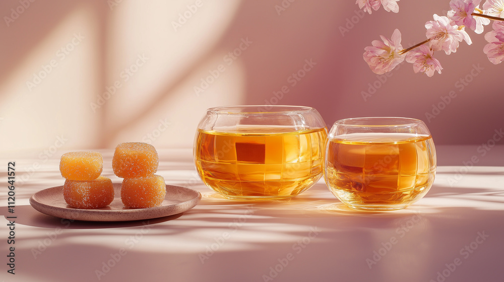 A minimalistic tea set featuring two glasses of golden tea beside a plate of colorful candies, with soft shadows and floral accents A minimalistic tea set featuring two glasses of golden tea beside a plate of colorful candies, with soft shadows and floral accents