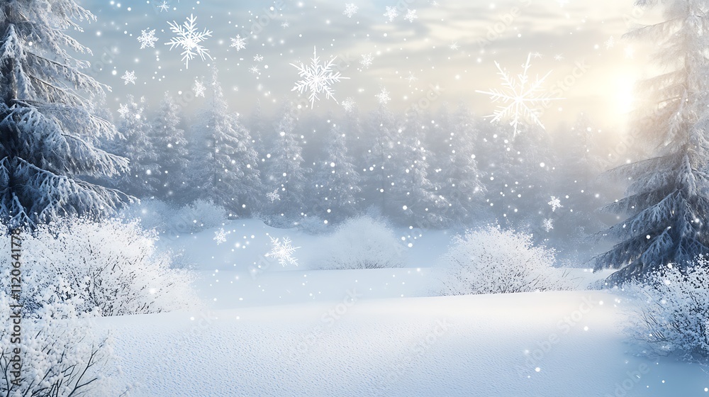 Enchanting Winter Scene with Snowfall and Sunrise : Generative AI Enchanting Winter Scene with Snowfall and Sunrise : Generative AI