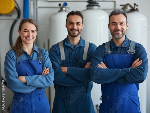 A diverse team of three plumbers, two men and one woman, smiling confidently in blue overalls in a plumbing workshop