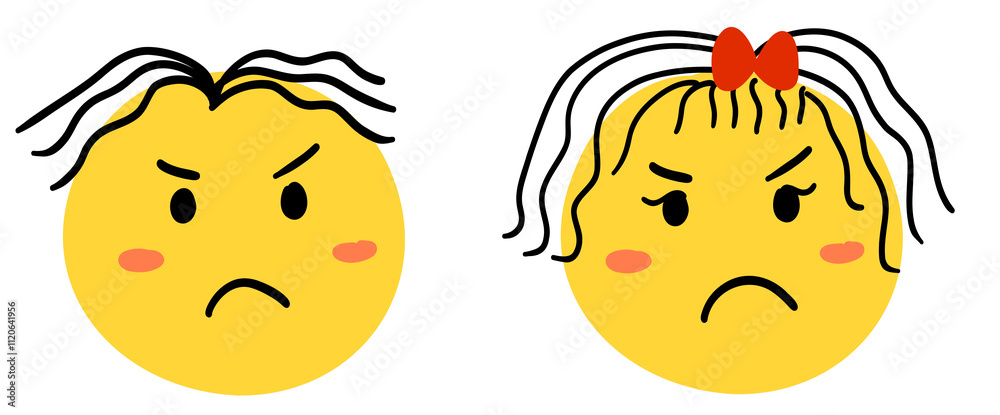 Obraz premium Set couple Cute angry dissapointed doodle smiley emoji emoticon smile yellow png transparent digital planner sticker cut out clipart