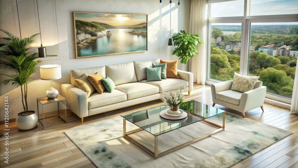 Fototapeta premium Elegant Living Room Interior with Cream Sofa and Glass Coffee Table in Drone Photography â€“ Modern Design, Spacious Layout, Stylish Decor, Contemporary Aesthetics
