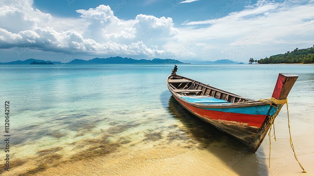 Traditional Wooden Boat on Pristine Tropical Beach with Crystal Clear Waters under Blue Skies : Generative AI Traditional Wooden Boat on Pristine Tropical Beach with Crystal Clear Waters under Blue Skies : Generative AI
