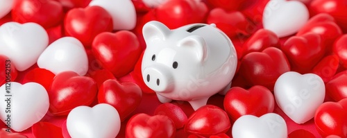 White Piggy Bank Surrounded by Red and White Heart-Shaped Decorations for Financial Love