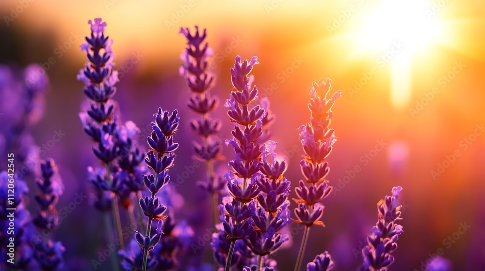 Lavender Blossoms in Radiant Sunset Light at Scenic Horizon Tranquility : Generative AI Lavender Blossoms in Radiant Sunset Light at Scenic Horizon Tranquility : Generative AI