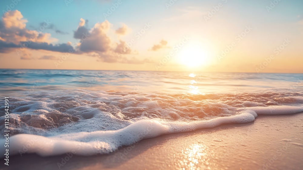 Fototapeta premium Serene Coastal Sunset with Gentle Waves and Golden Sunlight on Ocean Shore : Generative AI