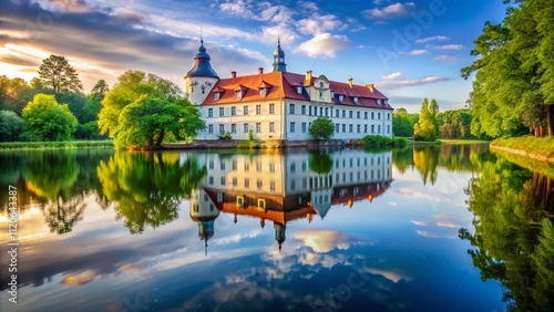 A long exposure captures the tranquil beauty of Schloss Boitzenburg in Uckermark, showcasing its majestic architecture and serene reflection in the surrounding waters.