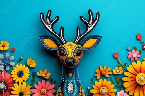 A vibrant 3D illustration of a deer with stylized fur and exaggerated antlers, surrounded by a bright meadow filled with wildflowers photo