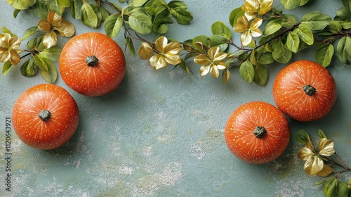 Refined fall background with orange pumpkins accented by gold and copper-colored fall leaves on a pastel gray surface for a stylish seasonal theme photo