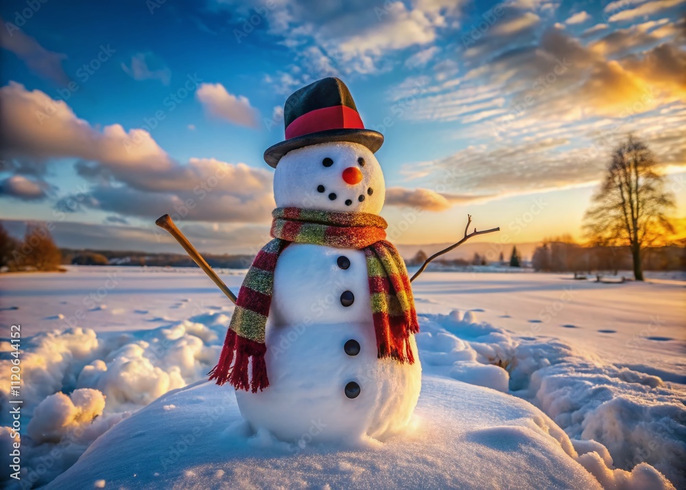 Obraz premium A magical winter scene unfolds with a cheerful snowman, evoking joyful childhood memories of frosty playdates, laughter, and the enchanting beauty of snowy days.