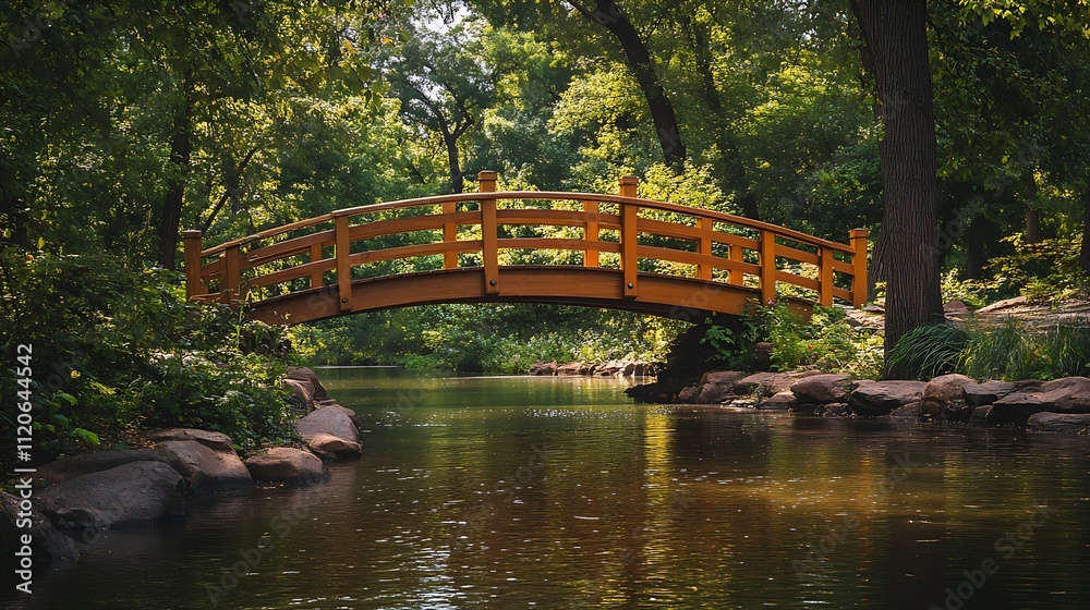 Charming Orange Wooden Bridge Amidst a Lush Green Summer Forest Setting : Generative AI Charming Orange Wooden Bridge Amidst a Lush Green Summer Forest Setting : Generative AI