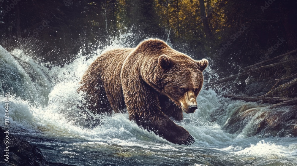 A powerful bear wades through a rushing river, creating splashes in a serene forest setting. A powerful bear wades through a rushing river, creating splashes in a serene forest setting.