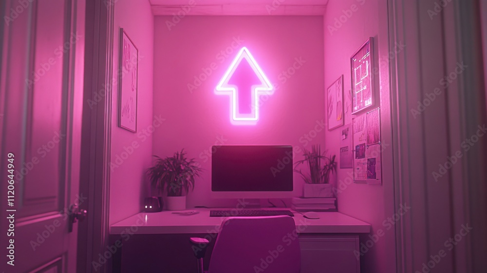Sleek neon-lit cyberpunk office interior with blurred elements and tech overlays symbolizing strategic corporate planning in marketing and financial innovation