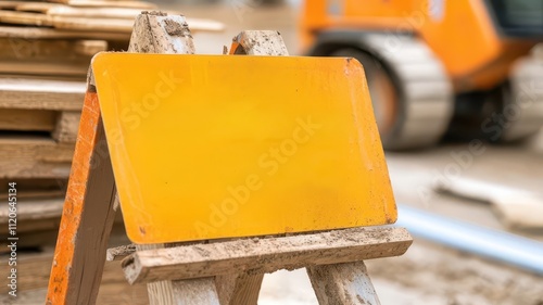 A blank yellow sign on a wooden easel, set against a construction backdrop with stacks of lumber and heavy machinery in the background. photo