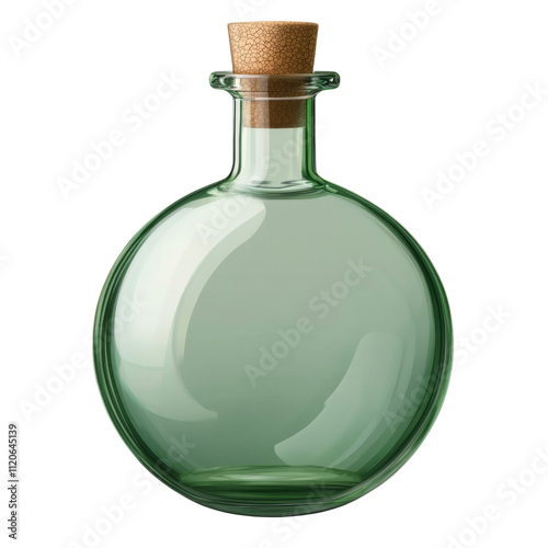 a flat, circular green glass bottle with a cork stopper and a smooth glossy finish, isolated on transparent background png