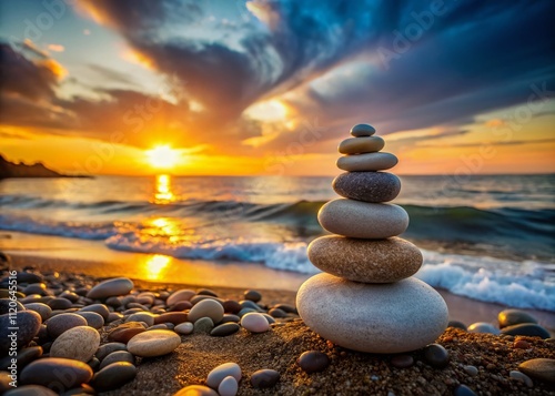 Amidst a tranquil beach at sunset, a minimalist pile of stones inspires natural balance, reflecting calmness in nature and creating a peaceful atmosphere of zen. photo