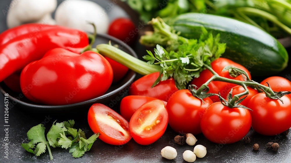 Fresh Red Tomatoes with Green Vegetables on Dark Rustic Kitchen Counter : Generative AI Fresh Red Tomatoes with Green Vegetables on Dark Rustic Kitchen Counter : Generative AI