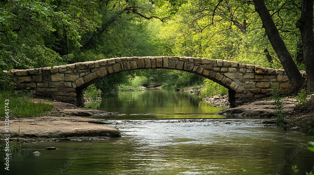 Rustic Stone Arch Bridge Crossing Tranquil River in Lush Forest : Generative AI Rustic Stone Arch Bridge Crossing Tranquil River in Lush Forest : Generative AI