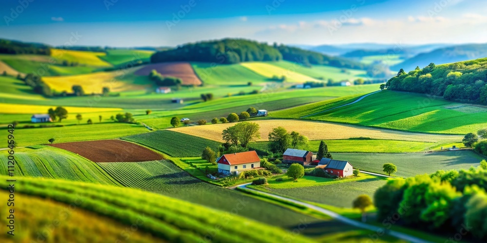 Fototapeta premium A miniature farm landscape with lush greenery, vibrant crops, and colorful fields captured in tilt-shift photography, showcasing nature's palette and scenic agricultural views.