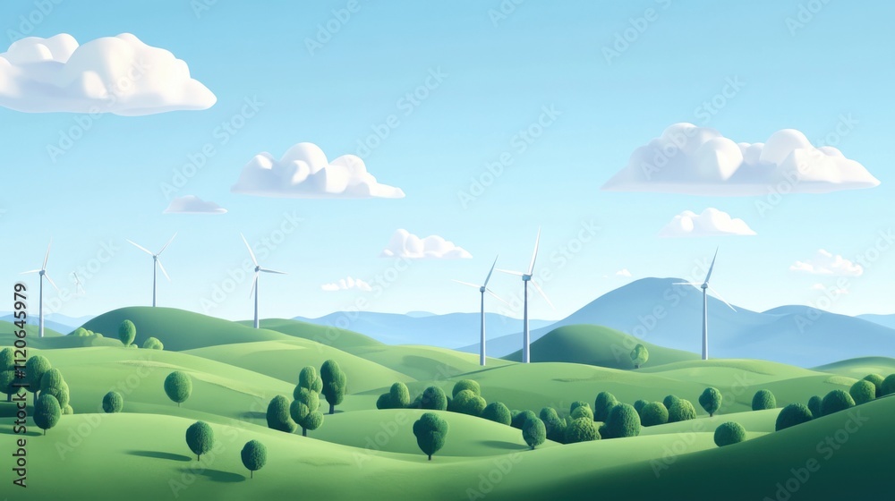 Fototapeta premium Tranquil green hills with wind turbines